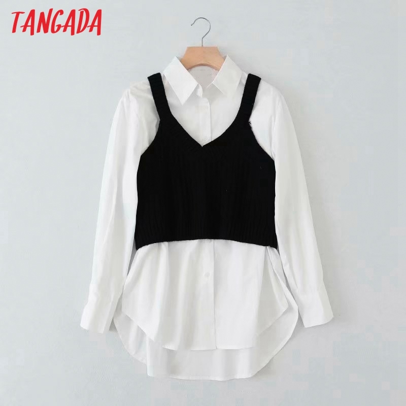 Women White 2 Piece With Knit Camis Long Sleeve Chic Female Casual Shirt 5B16 210416