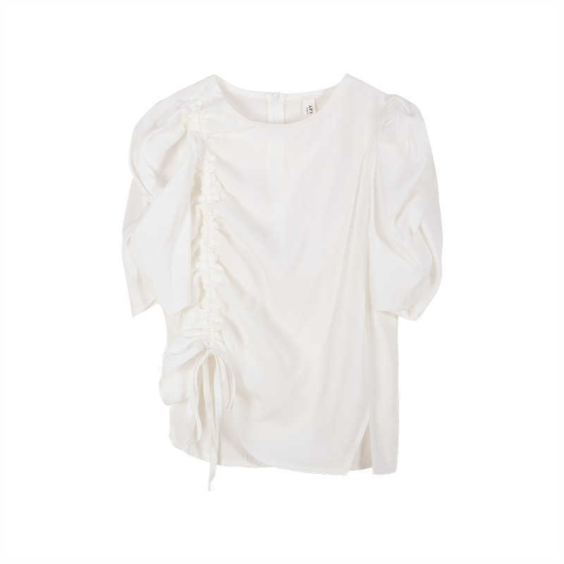 Elegant Drawstring Folds Blouses for Women Summer O-neck Puff Sleeve Crop Shirts Fashion Casual All-match Tops Female 210525