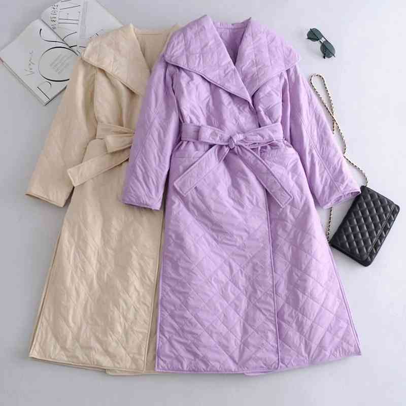 Simple And Elegant Temperament Large Lapel Diamond Lattice Mid-Length Bow Tie Belt French Bathrobe Cotton Coat Winter Jacke 210521