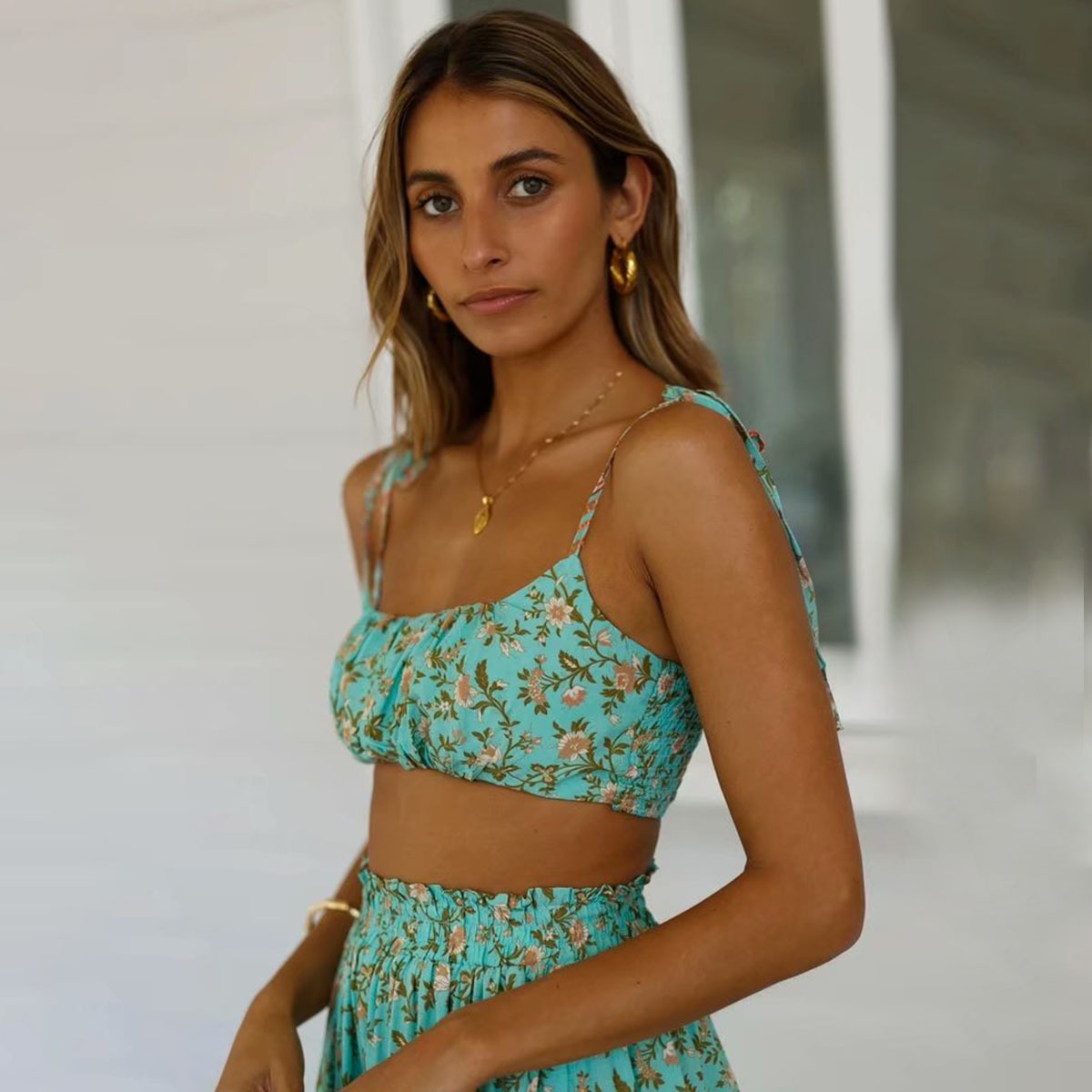 Jastie Bohemian 2 Piece Floral Print Set Summer Straps Pleated Mini Boho Dresses Gypsy Beach Women Dress 210419