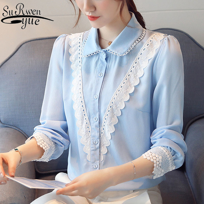 Blouse Women Spring Chiffon Shirt for Tops Button Solid Long Sleeve Ladies Lace Blusas Mujer De Moda 7962 50 210508