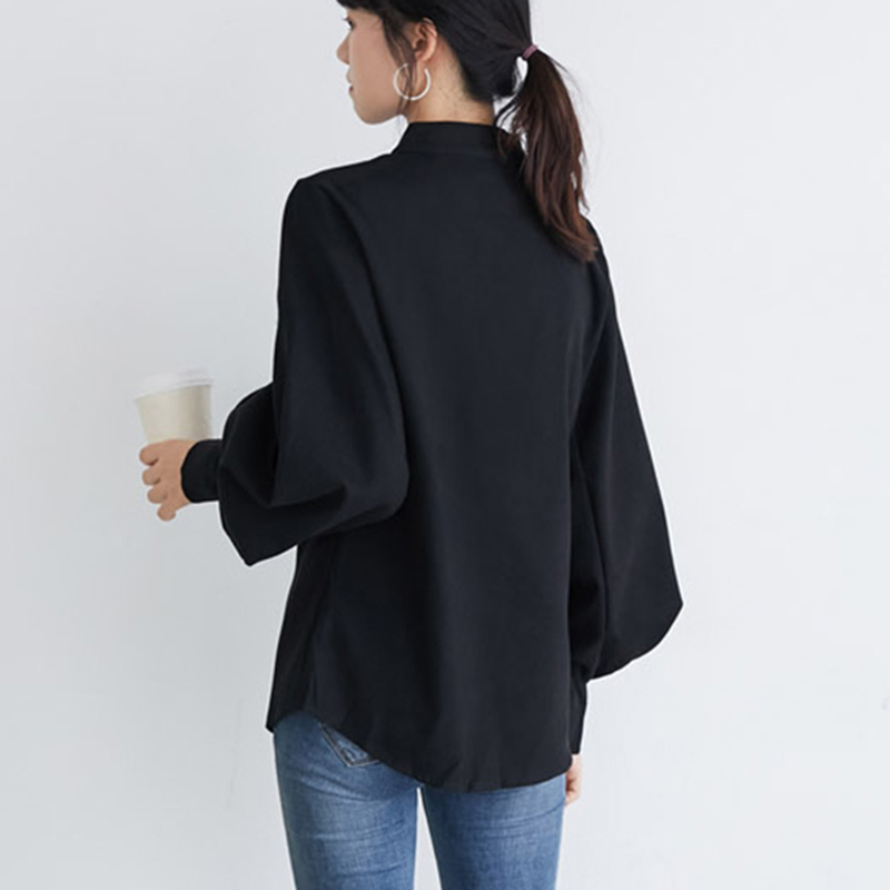 Lucyever Blue Mandarin Collar Shirts Womens Autum Big Lantern Sleeve Blouses Woman Korean Style Single Breasted Tops Femme 210521