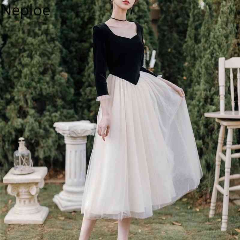 Neploe Vintage Maxi Dress Female Velvet Patchwork Gauze Chic Vestidos Spring Robe Contrast Color Slim Elegant Dresses Women 210422