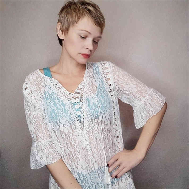 White Lace Cover up Beach Swimwear Bikini Dress Tunic ups Beachwear Large Size Robe de Plage Saida Praia #Q323 210420