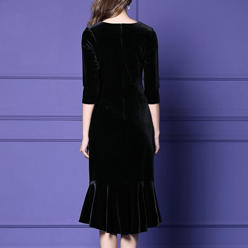 Elegant Gold Velvet Dress V-neck Solid Spring/Autumn Stretch Slim Knee-Length Evening Party Vestidos Large Size 4xL Dresses Casual