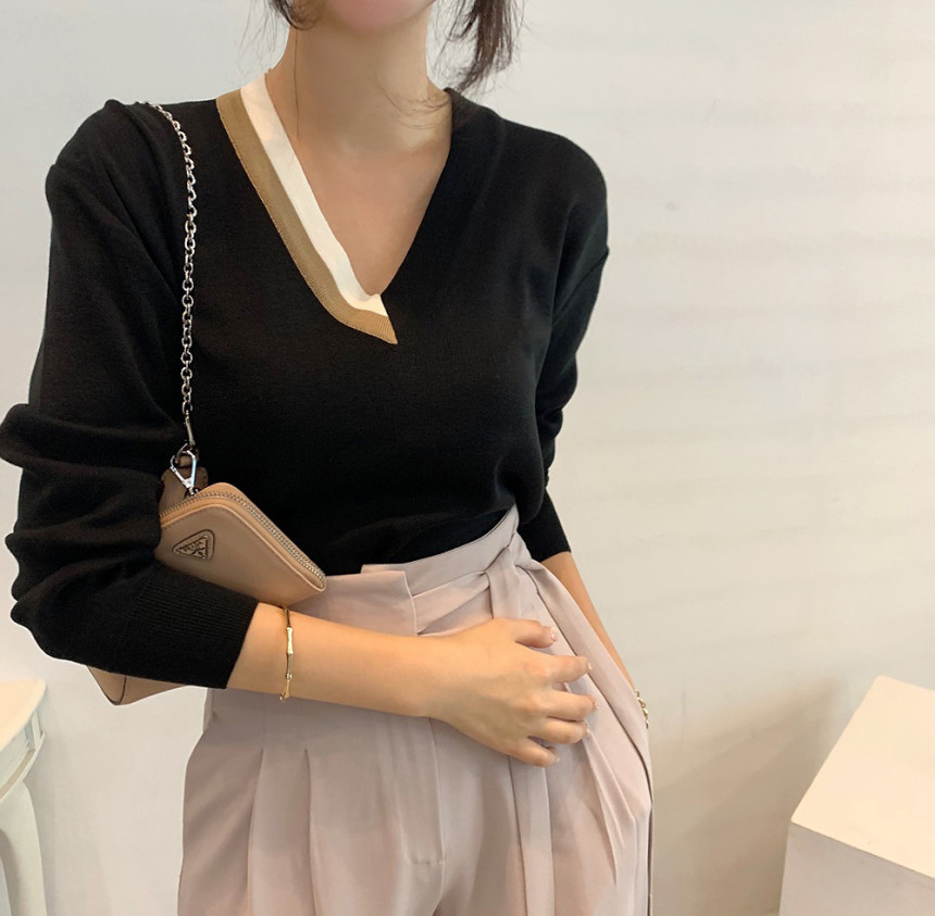 Autumn Winter Bottoming Sweater Elegant OL Pullover Stitching Color V-neck Long Sleeve Loose Knitted Sweaters 210421