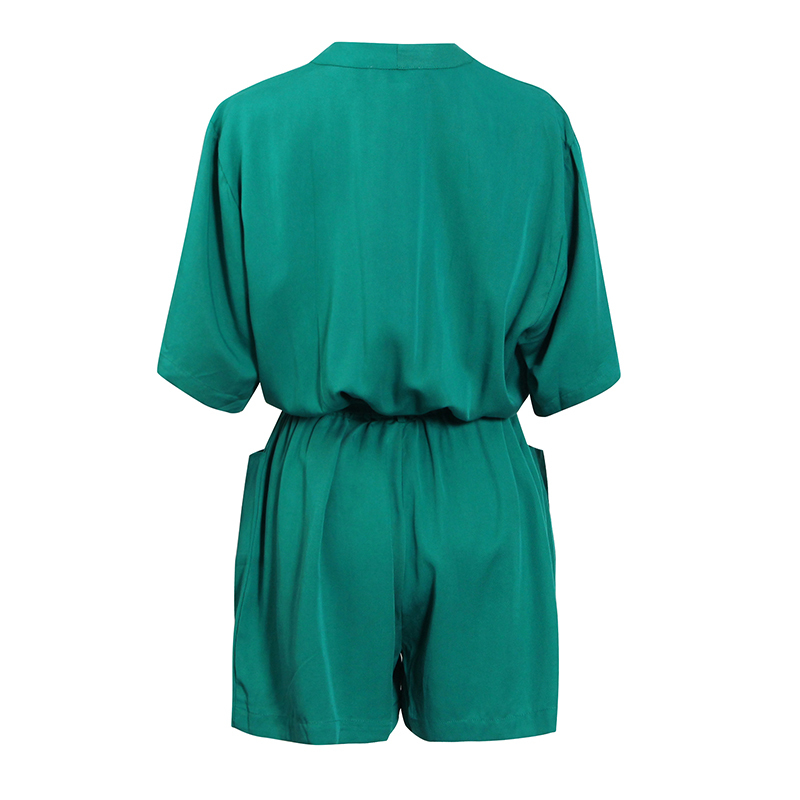 Casual Khaki Lace Up Bowknot Playsuit For Women V Neck Short Sleeve High Waist Loose Playsuits Female Clothing 210521