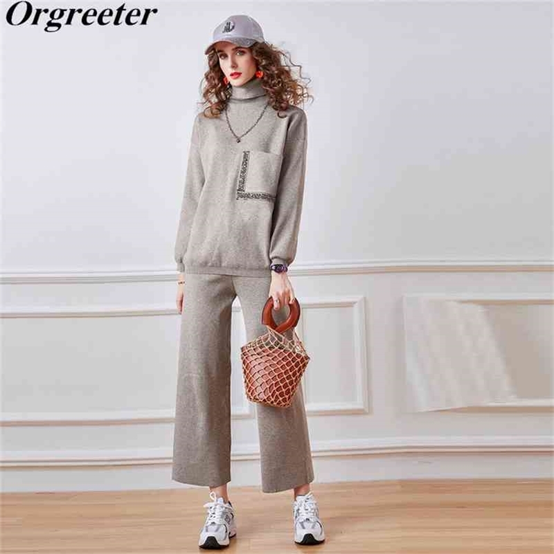 High-end Knitted Tracksuit Women Fall Winter Turtleneck Diamond pocket Loose Sweater and Wide leg Pants 2PCS Sets 210602, Gray
High-end Knitted Tracksuit Women Fall Winter Turtleneck Diamond pocket Loose Sweater and Wide leg Pants 2PCS Sets 210602, Gray