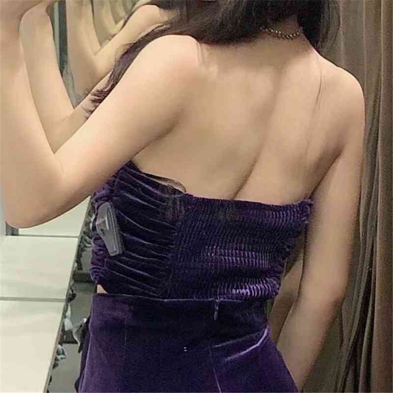 Sexy Women Purple Velvet Backless Camis Fashion Ladies Diamond Button Tops Sweet Female Chic Draped Short 210430