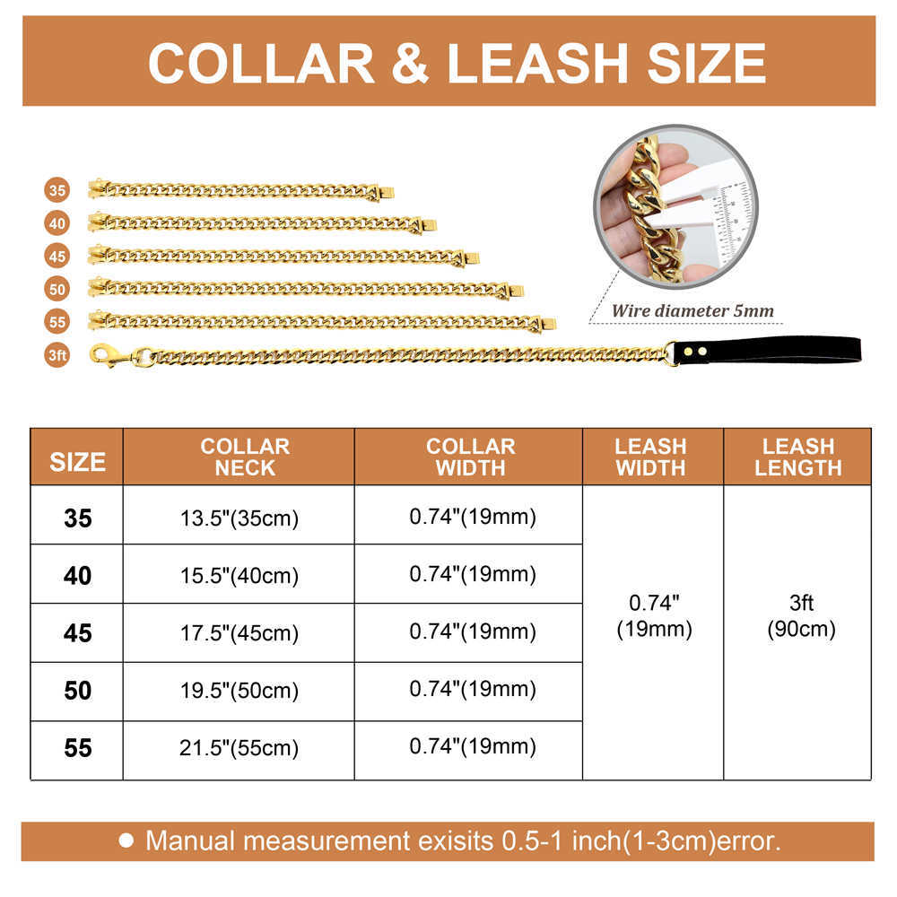 Leash necklace Bully Dog Gold sier leather medium large bite resistant stainless steel chain