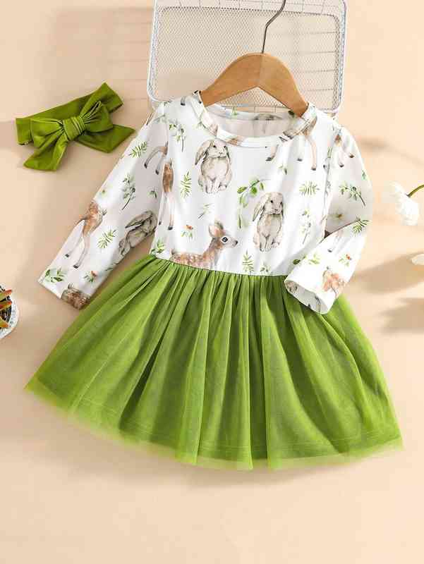 Baby Animal & Plant Print Mesh Hem Dress & Headband SHE