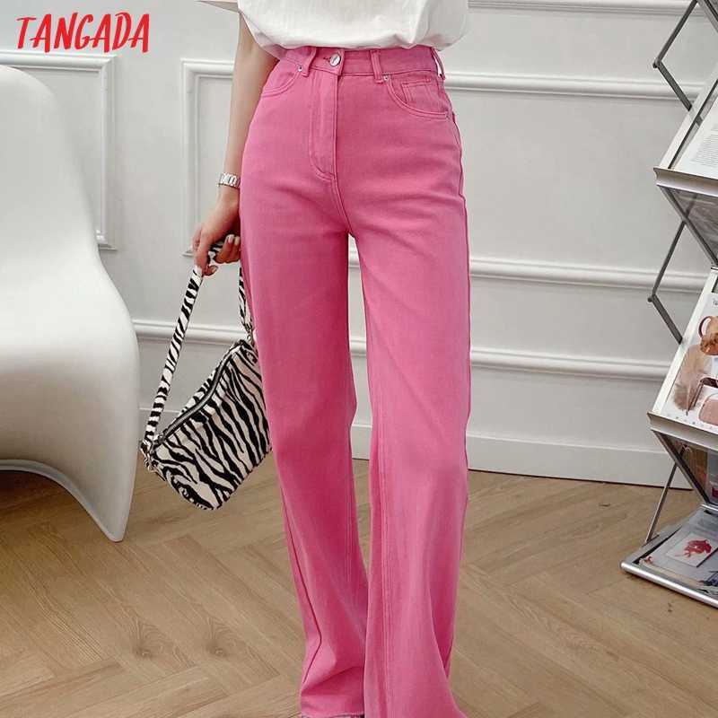Tangada Fashion Women Summer Pink Denim Jeans Pants Trousers High Waist Lady Wide Leg Pants Pantalon 4M137 210616