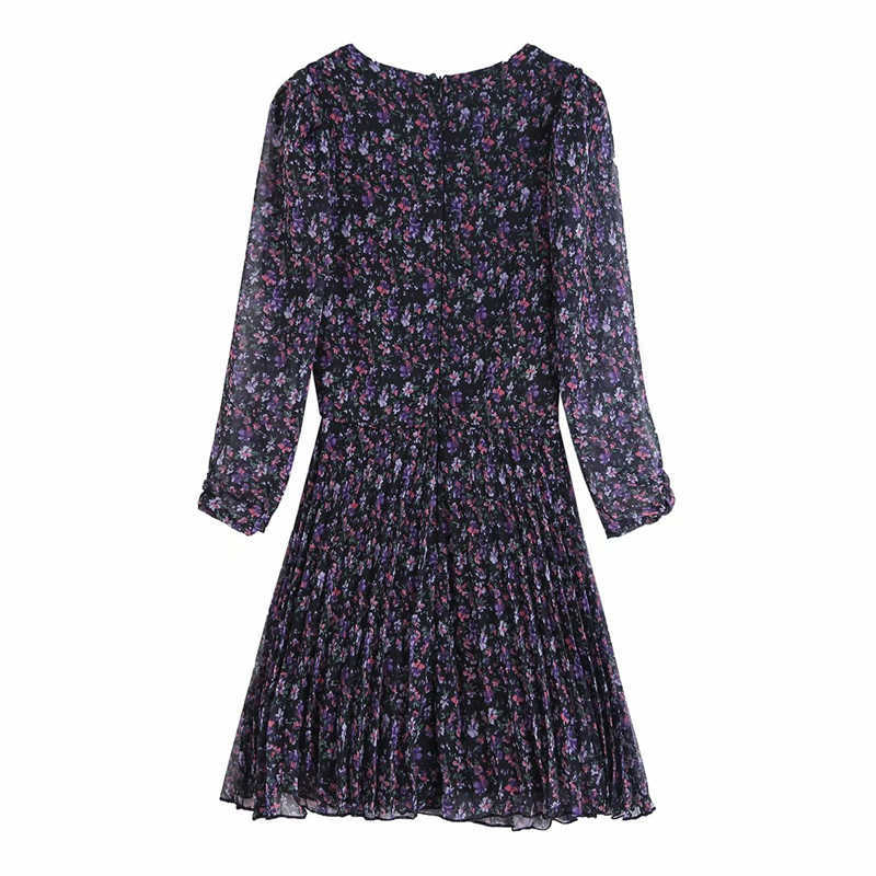 Elegant Women Floral Print Dresses Fashion Ladies Chiffon Pleated Mini Dress Streetwear Female Chic V-Neck Draped Vestidos 210527