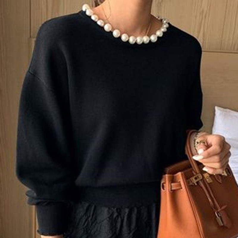 Nomikuma Spring New Women Pullover Sweater Korean Beads O-neck Long Sleeve Knitted Tops Solid Slim Causal Pull Femme 6E992 210427