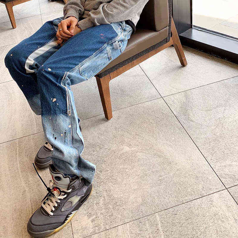 Distressed Splash Ink Flare Jeans Urban Streetwear Patch Mens Graffiti Flared Jeans Hip Hop Washed Blue Slim Fit Denim Pants Men 211120