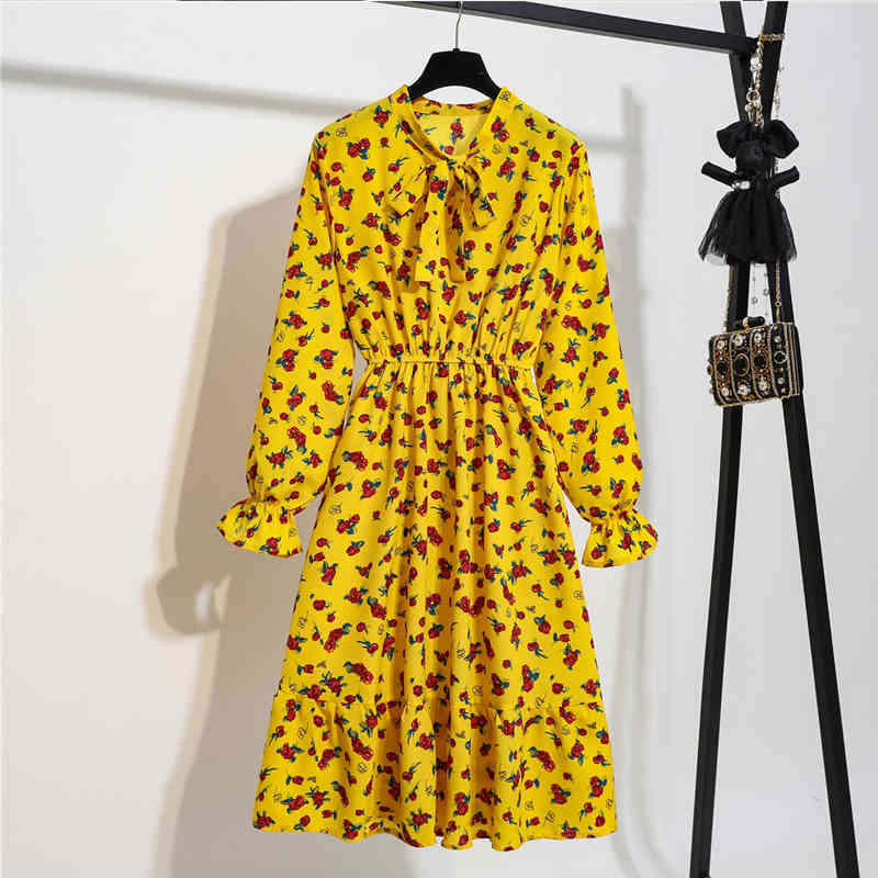 Robe Spring Long Sleeve Vintage Floral Chiffon Dress Elegant Bow High Waist Pleated Maxi Summer 8824 50 210427