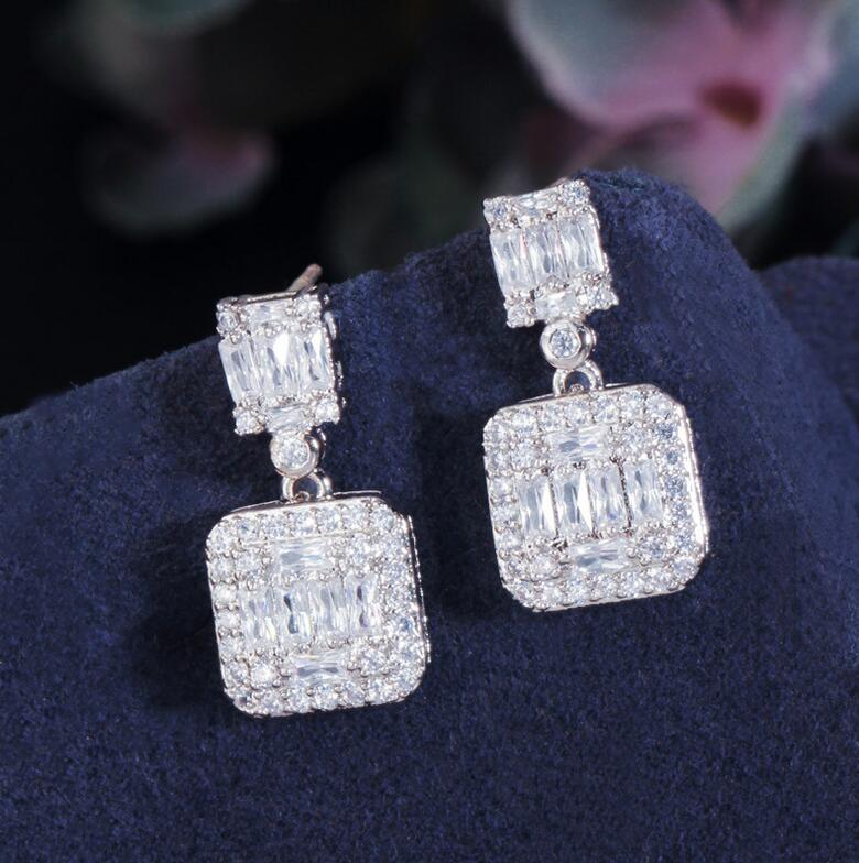 Ins Top Sell Luxury Jewelry Set 925 Sterling Silver T Princess Cut White Topaz CZ Diamond Gemstones Party Handmade Women Dangle Earring Clavicle Neckl