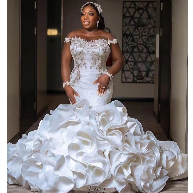Elegant 2021 Mermaid Ruffles Princess Wedding Gowns Plus Size Crystal Vestido De Noiva Custom Made Bridal Dresses 0431