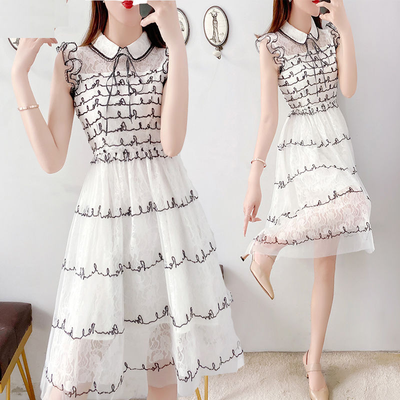 Summer Women Mesh Dress Elegant Chic Embroidery Sleeveless High Waist Party Tulle Midi 210519