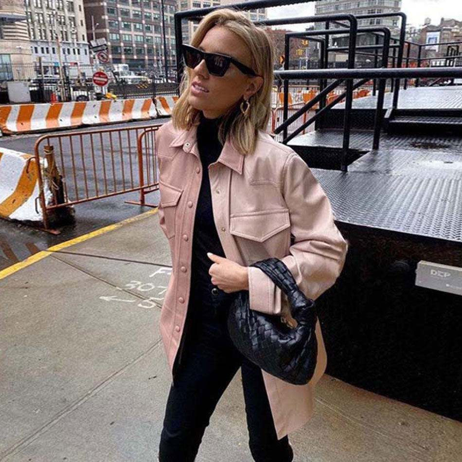 Free Streetwear Colorblock PU Leather Top Women Cardigan Button Belt Lace-Up Fashion Long Sleeve Shirt 210524