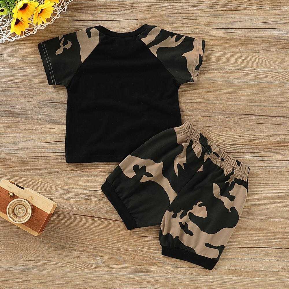 Summer 2-piece Baby Toddler Boy Letter Print Camouflage Tee and Shorts Set Clothing 210528