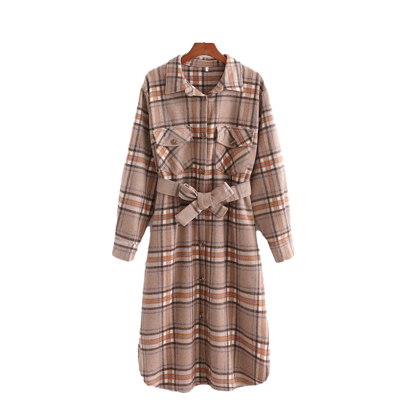 Vintage Woman Loose Camel Plaid Sashes Long Woolen Coats Autumn-Winter Fashion Ladies Soft Jacket Female Oversized Outwear 210515
