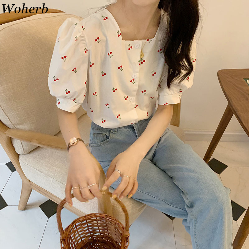 Women Blouses Vintage Shirts Print Cherry Square Collar Sweet Puff Sleeve Blouse Summer Wild Korean Clothes Tops 210519