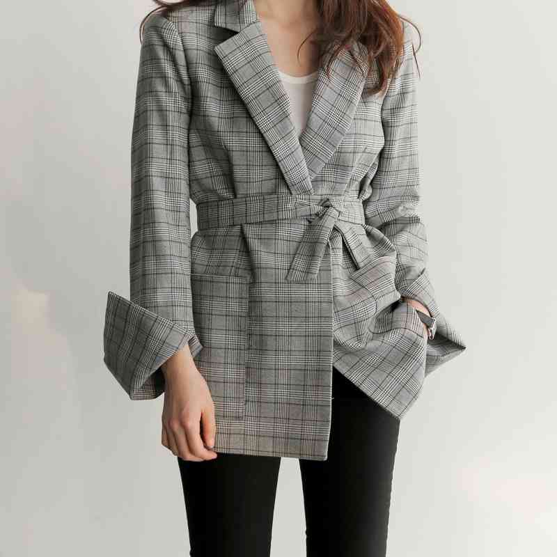 Long Sleeve Spring Gray Plaid Belted Office Lady Blazer Women Jacket Fashion Notched Collar Suit Elegant Work Blazers Feminino, Same as picture 
Long Sleeve Spring Gray Plaid Belted Office Lady Blazer Women Jacket Fashion Notched Collar Suit Elegant Work Blazers Feminino, Same as picture