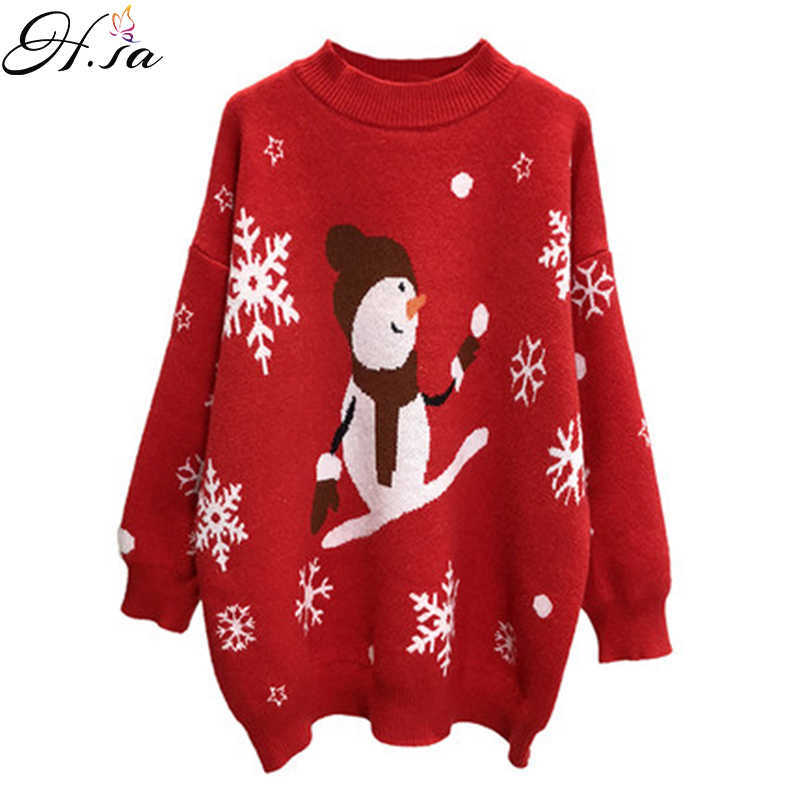 H.SA Korean Style Women Loose Style Oversize Pullover and Jumpers O NECK Snowman Snowflake Christmas Sweater Cartoon Pullover 210716