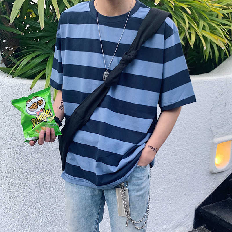 Men's Short Sleeve T-shirt Explosions Large Summer Multicolor Loose Stripes Casual 210629