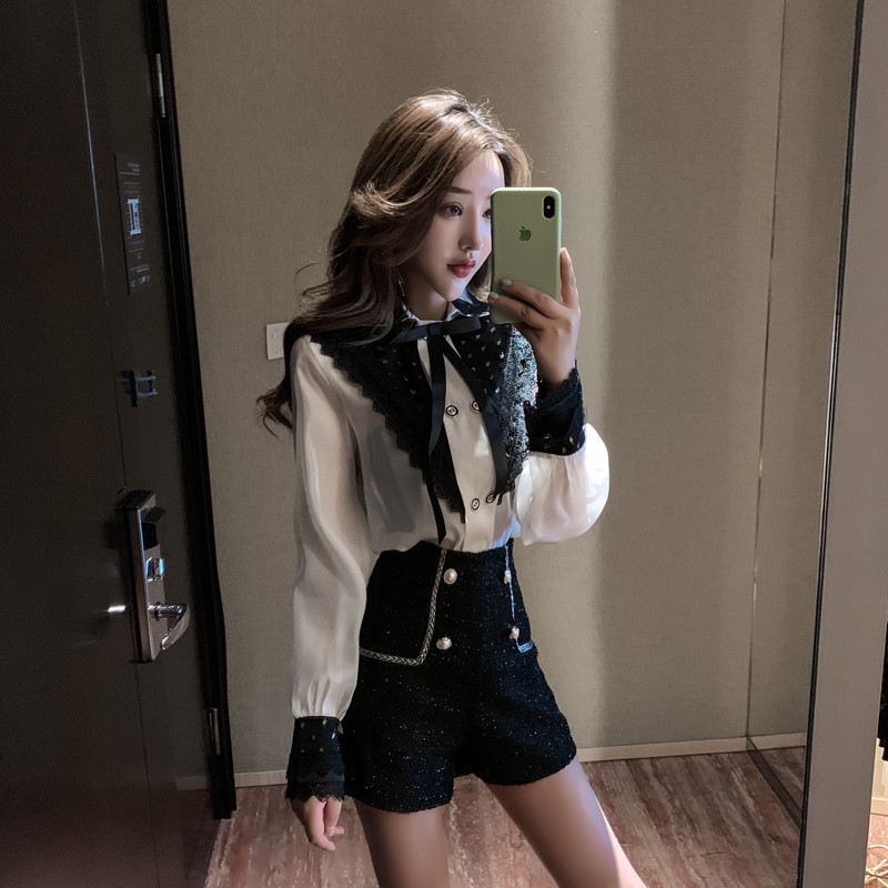 High Quality Spring Women Office Wear Two Piece suit Bow tie chiffon Perspective Long Sleeve Blouse+Tweed short pants set 210518