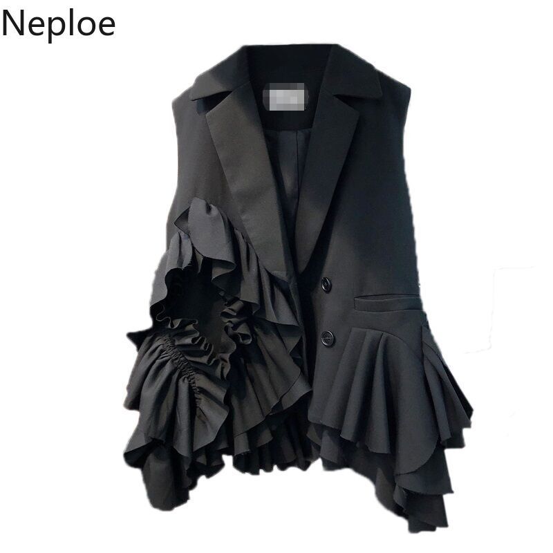 Neploe Women Vest Irregular Ruffle Patchwork Outerwear Loose Fashion Black Blazer Tank Elegant Temperament Sleeveless Ladies Top 210422