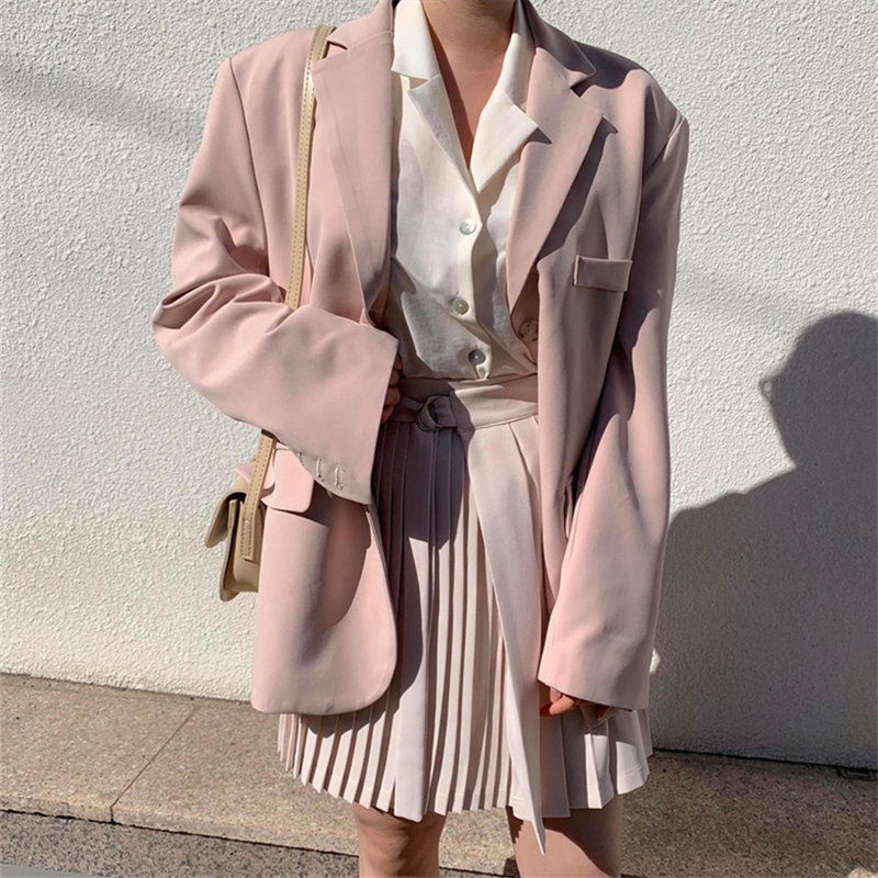 Gentle Pink Full Sleeves All Match Autumn Slender Chic Loose Plus Size Streetwear High Quality OL Women Blazers 210421