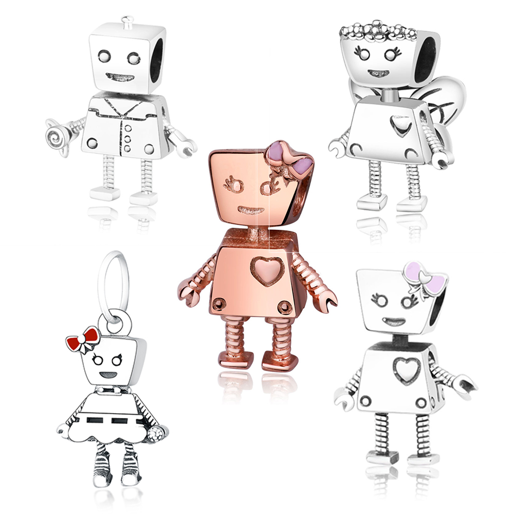 925 Sterling Silver Family Girl Boy Robot Bella bot Pink Bow Flower Butterfly Wing Beads Fit Original Brand Charm Bracelet DIY Berloque