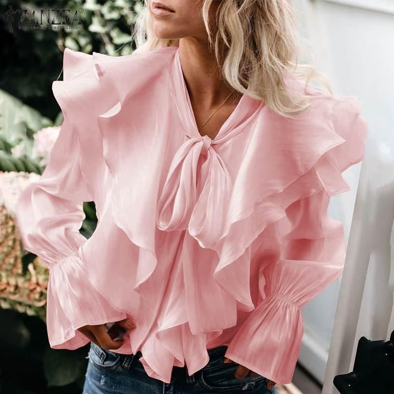 

Women' Blouses & Shirts ZANZEA Women Long Flare Sleeve Ruffles Blouse Casual Solid OL Shirt Elegant Lace Up Flounce Blusa Femininas Party T, Black