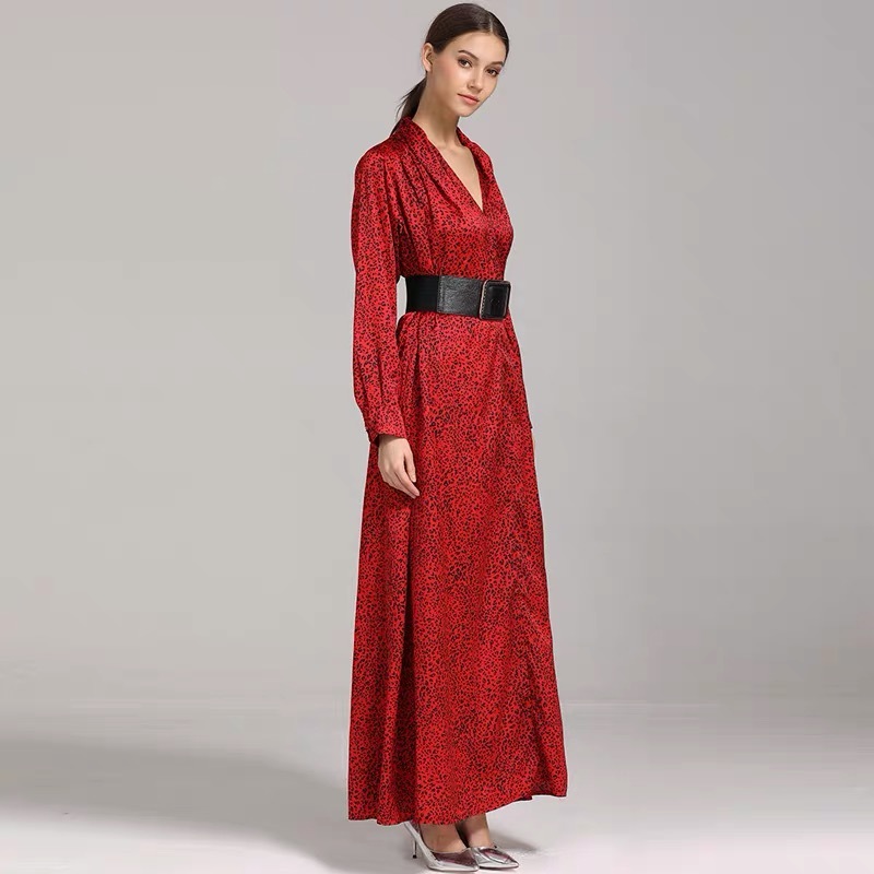 Spring Summer Women Dress Red Maxi Leopard Long V-neck Full Sleeve Vestido Verano Style Runway Party Belt 210421