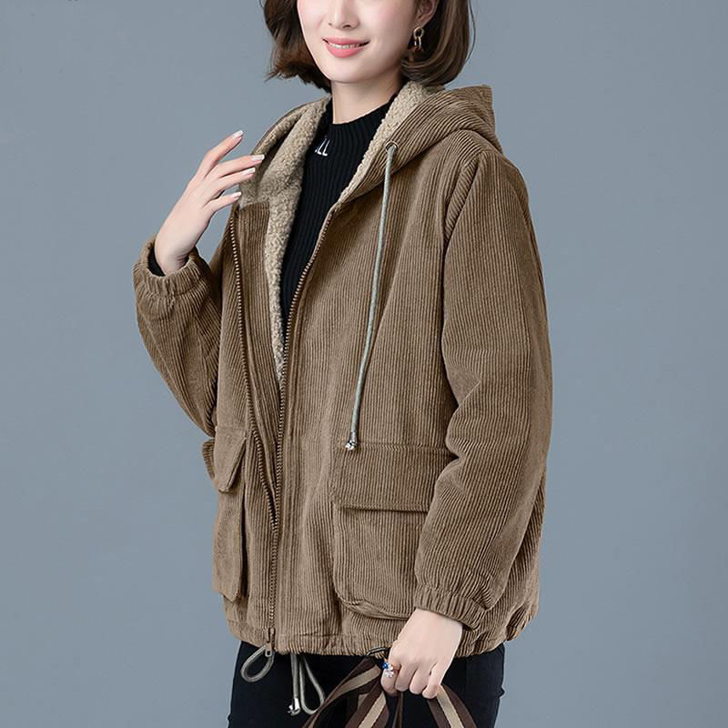 Women Corduroy Coats Autumn Korean Plus Size Velvet Hooded Jackets Female Casual Drawstring Big Pocket Short 210522