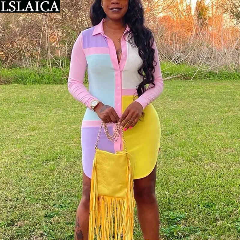 Long Sleeve Shirt Dress Turn-down Collar Colorful Patchwork Button Woman Streetwear Casual Chic Fashion Mini Summer 210515