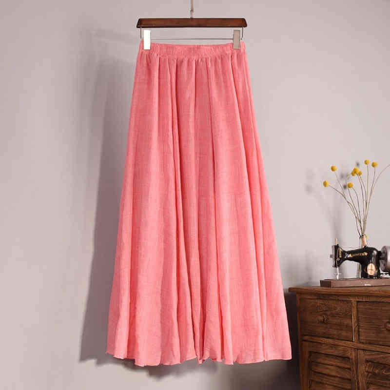 Vintage Spring Elastic Waist Cotton Linen Solid Pleated Long Skirts Summer Maxi Women Boho Beach Jupe 9956 210508