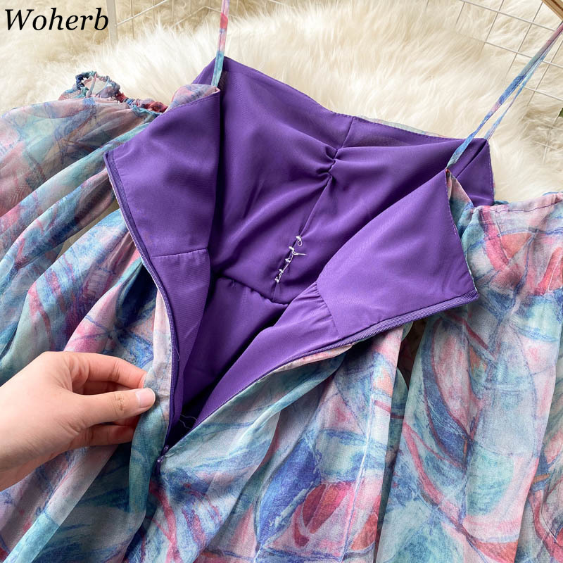 Tie Dye Dresses Women Korean Fashion Sweet Vestidos Feminino Off Shoulder Spaghetti High Waist Summer Mini Dress Robe 210519
