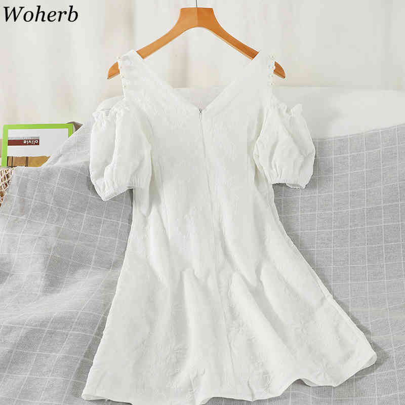 Women White V Neck Dress Sexy Beading Off Shoulder Puff Sleeve Vestidos Temperament A Line Robe Slim Fit Mini Dresses 210519