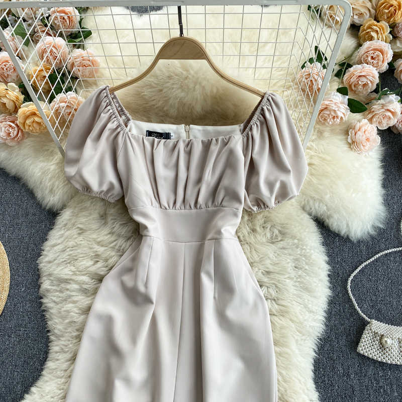 Women Fashion Pleated Square Collar High Waist Thin Short Sleeves Long Jumpsuit Solid Color Broad-legged Overalls S416 210527