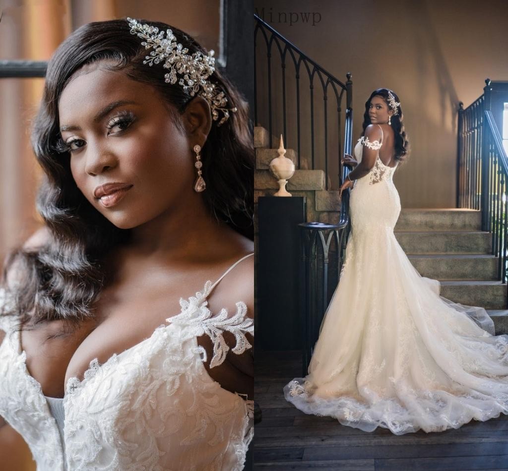 African Fashionable Gorgeous Plus Size Mermaid Wedding Dresses Lace Backless Sequined Spaghetti Straps Sweep Train Bridal Dress Gowns Vestidos De Noiv