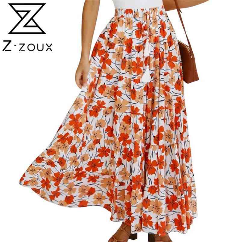 Women Skirt Elastic Waisted Printed Loose Long Pleated s High Waist Flower Maxi s Spring Summer 210513
