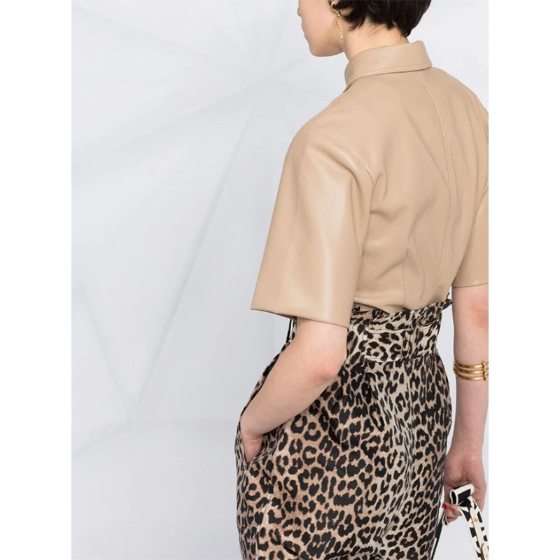 European American Style Faux Leather PU Coat Spring Summer Women Blouse Fashion All-match Single Breasted Shirts 210519