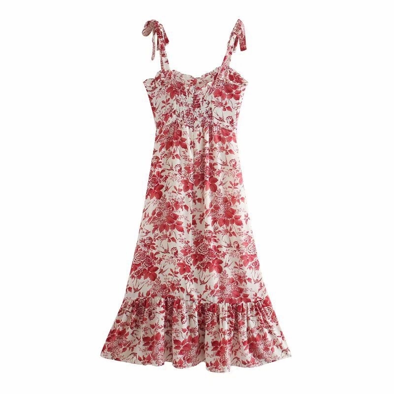 French Floral Print Bandage Spaghetti Strap Ruffles Hem Midi Dress Retro Sexy Women Tie Bow Sling Slit Summer Vestido 210429