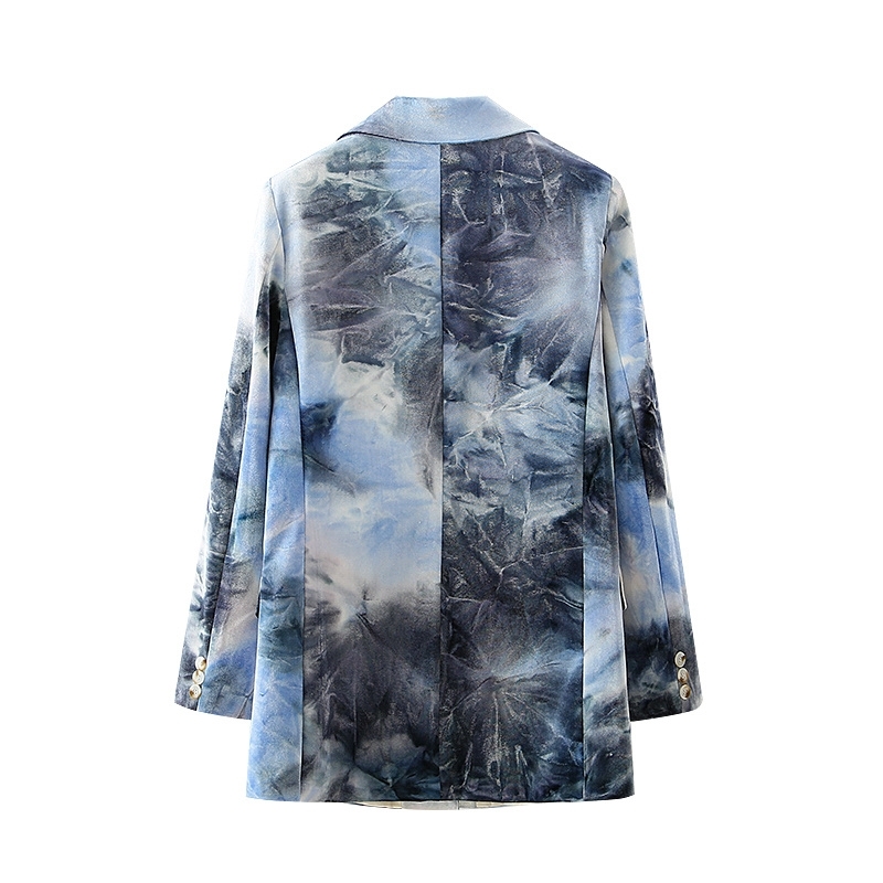 Causal Women Blue Tie-Dye Velvet Jacket Fashion Ladies V-Neck Singles Button Coats Streetwear Female Chic Slim Jackets 210430