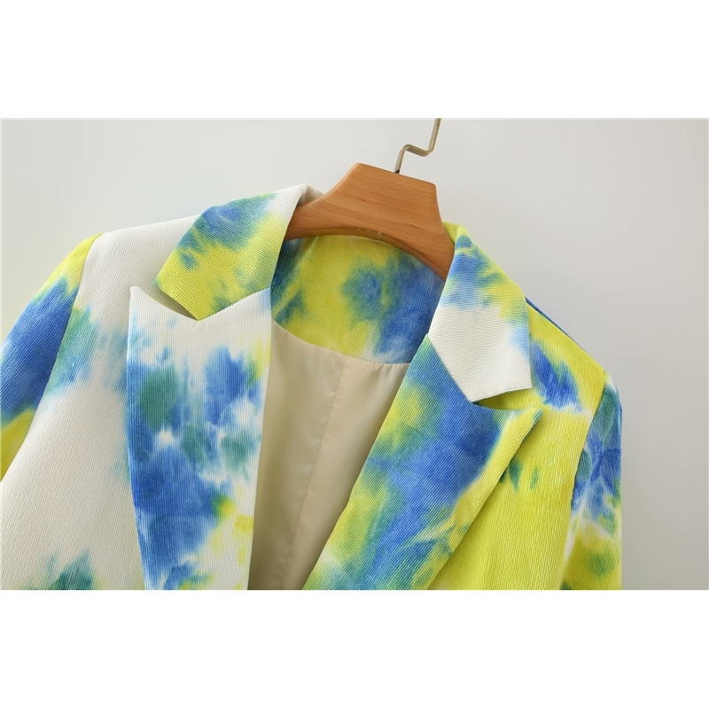 elegant women blazer office ladies blue and yellow print jackets causal female pocket slim suits girls chic sets 210430
