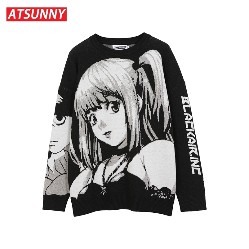 ATSUNNY Mens Hip Hop Streetwear Harajuku Sweater Vintage Retro Japanese Style Anime Girl Knitted Sweater Autumn Cotton Pullover 220108