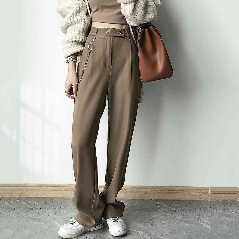 FORYUNSHES Women White Wide Leg Suit Pants Korean High Waist Loose Casual Straight Trousers Chains Aesthetic Office Clothes 210523 Z260314